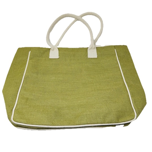 Pampered Chef Green Jute Tote Bag Large‎ Zip Close Top Double Handles - Picture 2 of 9